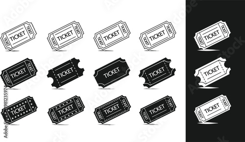 Ticket Icon Set Featuring Various Designs for Events, Concerts, and Entertainment Illustrations