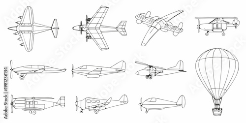 Collection of various aircraft illustrated in a simple schematic line drawing style