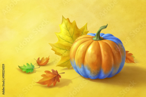 Vibrant Autumn Pumpkin in Blue and Yellow Colors with Falling Maple Leaves on Yellow Background Illustration
