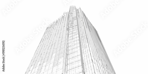 A strikingly tall modern skyscraper dominates a bright white background