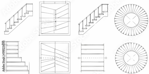 Architectural sketches featuring stairs doors and circular design elements