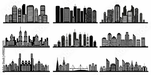 Black and white skyline silhouettes depicting multiple cityscapes