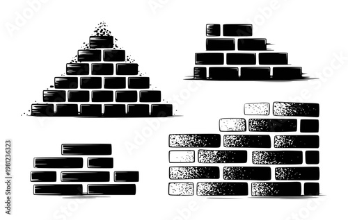 Collection of stylized black brick wall sections and pyramid shape white background