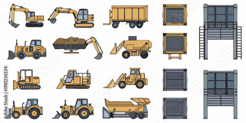 Construction vehicles and equipment illustrated in a colorful schematic style