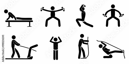 Stick figures illustrating various physical exercises and workout routines