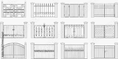 Variety of ornate wrought iron gates in a symmetrical arrangement