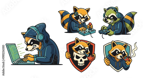 Cartoon raccoon characters with gadgets and accessories
