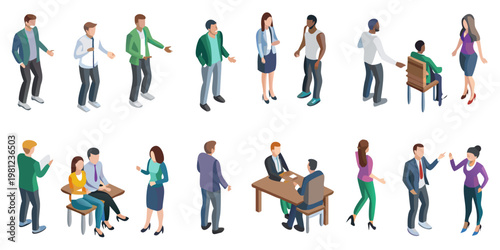 Isometric illustration of diverse people interacting in various office settings