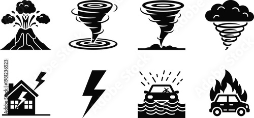 Natural Disaster and Weather Icons Set Featuring Volcanic Eruption, Tornado, Lightning, Flood, and Fire Illustrations