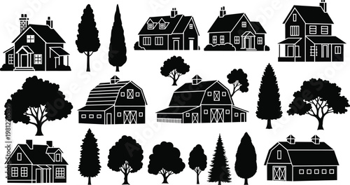 Collection of stylized black and white architectural and nature illustrations Vector