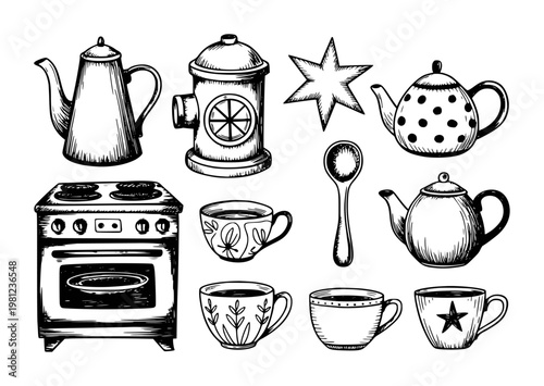 Hand-drawn collection of kitchenware, teapots, cups, stove, spoon, and star white background