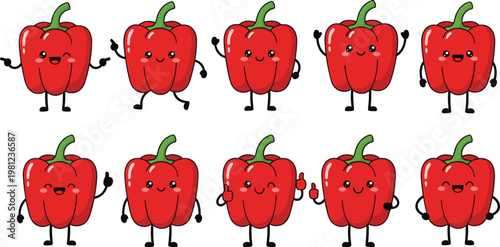 Cute Red Bell Pepper Character Set with Various Poses and Expressions for Food, Kitchen, and Healthy Lifestyle Designs