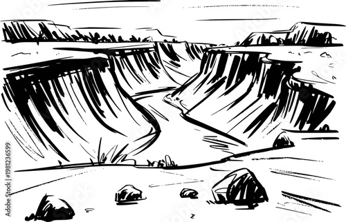 Hand-drawn of a canyon landscape with a winding river below nature outdoors