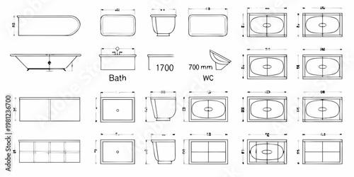 Technical drawings of various bathroom fixtures and their dimensions