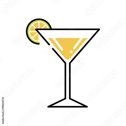 A sophisticated martini glass filled with a yellow cocktail and garnished with a lime slice.