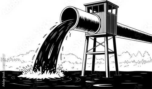 Industrial pipe discharging dark liquid into water, creating splashes and ripples