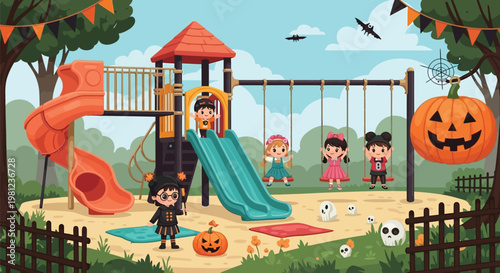 Halloween themed playground with children enjoying festive activities Vector