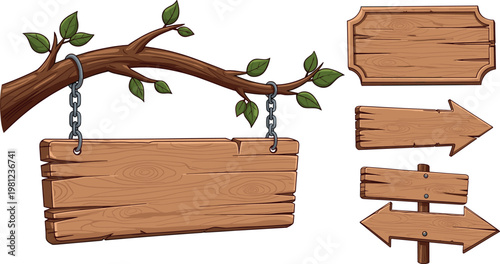 Wooden signboard vector set with hanging plank arrows rustic boards and tree branch illustration collection