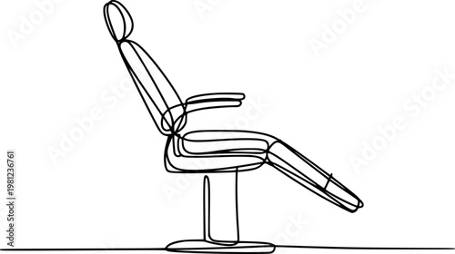 Minimalist continuous line of a dental chair, isolated white background, medical clinic
