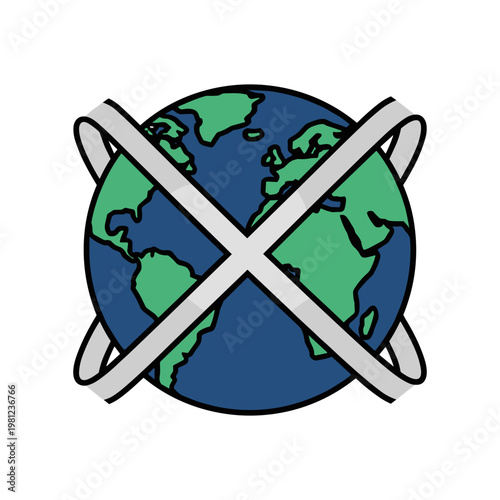 A stylized Earth globe with a prominent white 'X' across it, symbolizing environmental issues or global restriction.