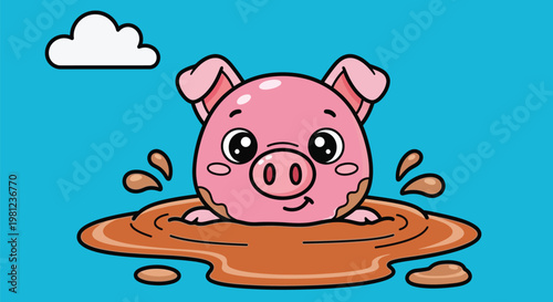 Cute baby pig playing in a mud puddle cartoon illustration