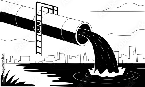 Industrial pipe discharging dark liquid into water with city skyline and clouds pollution
