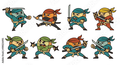 Cartoon ninjas with swords posing in different actions