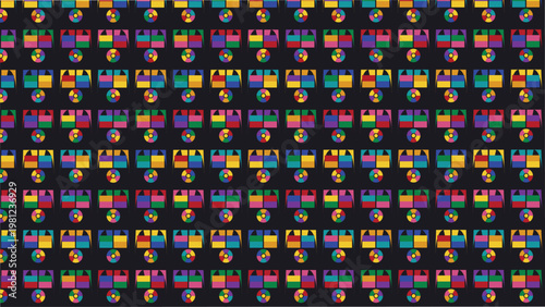 Vibrant geometric seamless pattern on a dark background, featuring abstract colorful shapes and segmented circles, ideal for contemporary digital art, modern textile design, creative
