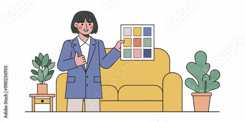 A woman presents a color palette while sitting in a cozy decorated room