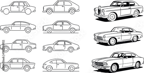 Vintage classic car line art collection featuring retro automobiles sedan coupe models detailed outline vector illustration set