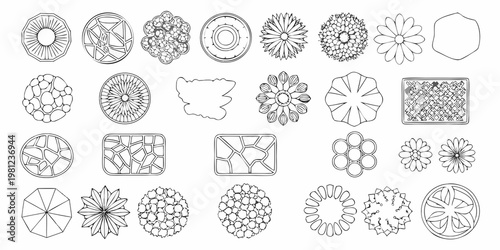 Collection of hand drawn botanical and geometric floral patterns on white