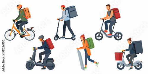 Delivery workers using various micro mobility vehicles in an urban setting