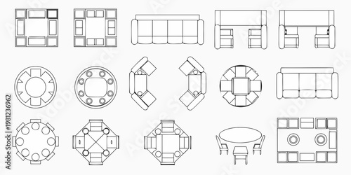 Architectural floor plans depicting various furniture arrangements and table designs