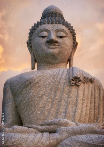 Fotografía Great Big Buddha statue of Phuket in Thailand at sunset with golden and pink sky background
