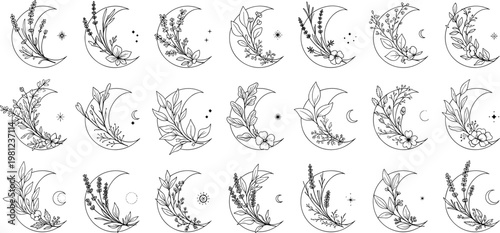 Floral crescent moon collection with botanical branches herbs and flowers in black and white line art style for mystical boho celestial branding and tattoo design vector