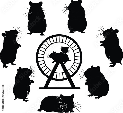 Hamster silhouette set, pet rodent collection, running wheel concept, black hamster vector, cute animal poses, isolated illustration, small mammal design