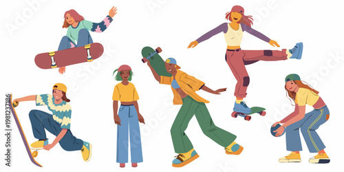 Diverse group of young people enjoying skateboarding and roller skating activities