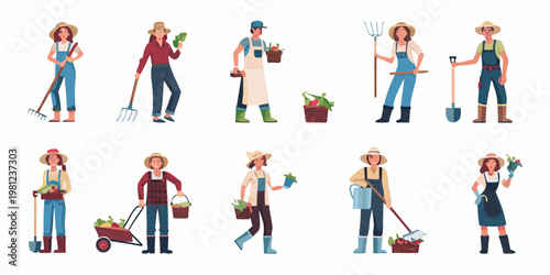 Diverse group of farmers and gardeners tending to their harvest