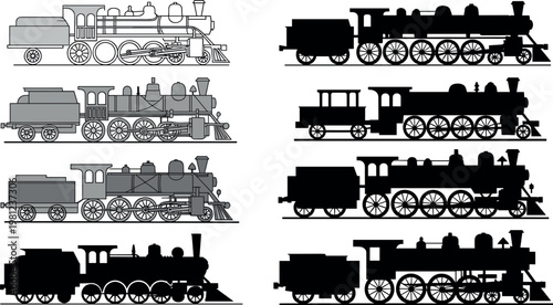 Vintage Steam Locomotive Set with Detailed Railway Engines in Silhouette and Outline Styles Transport Vector Illustration Collection