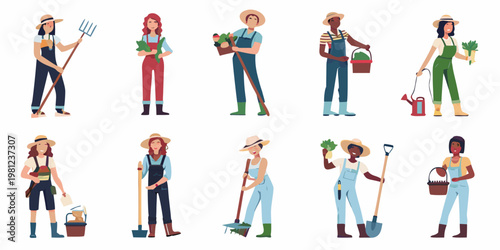 Diverse group of farmers and gardeners holding tools and produce