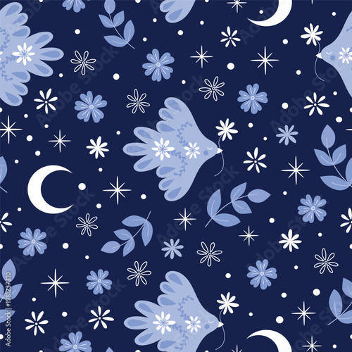 Seamless pattern with doves, flowers, crescent moons, stars and foliage on a deep navy background. Magical and peaceful night sky design perfect for kid's products, textile design, wrapping paper