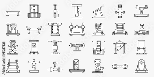 Line art illustration of various gym equipment and fitness machines