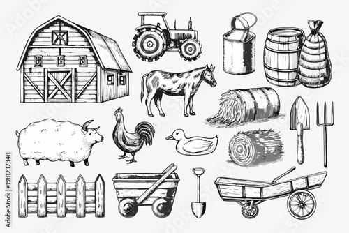 Vintage farm illustration featuring barn animals tools and agricultural elements