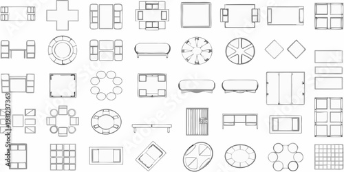 Collection of furniture top down views in a minimalist schematic style