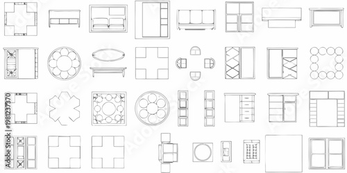 Architectural floor plan views of diverse furniture arrangements and elements