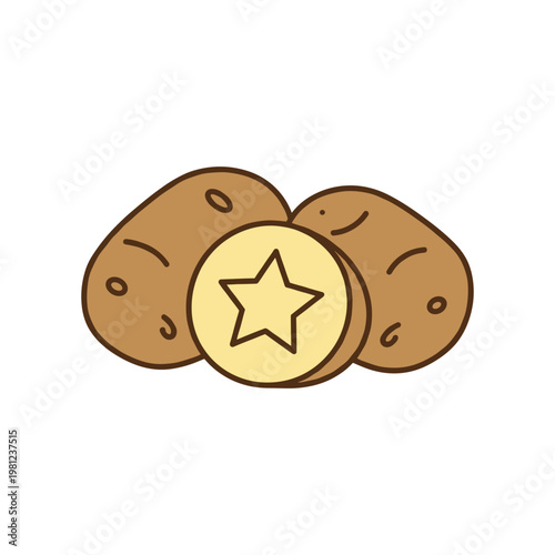 An illustration of potatoes with a golden star coin, symbolizing premium quality produce.