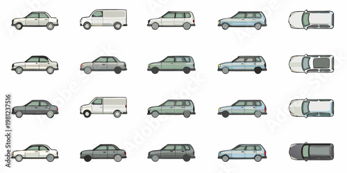 Collection of various car top views in a grid arrangement