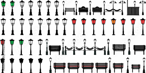 Collection of ornate street lamps benches and park furniture illustrations