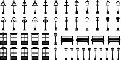 Collection of black and white vector illustrations of street lamps and park furniture