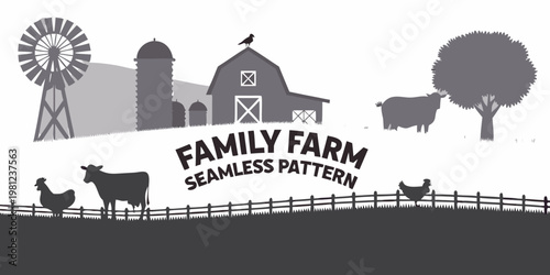 A simple illustration depicts a family farm scene with various elements